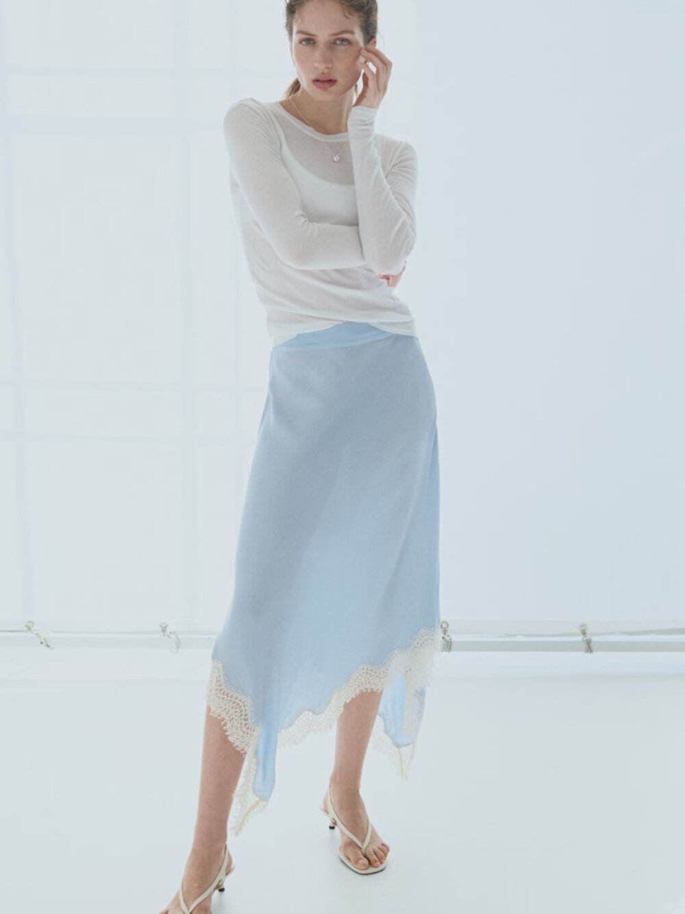 H&M Aymmetric Viscose and Lace Midi Skirt in light Blue
